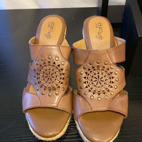 Euro soft by Sofft Boho leather espadrille/wedge heel mules size 7.5 - Picture 4 of 5